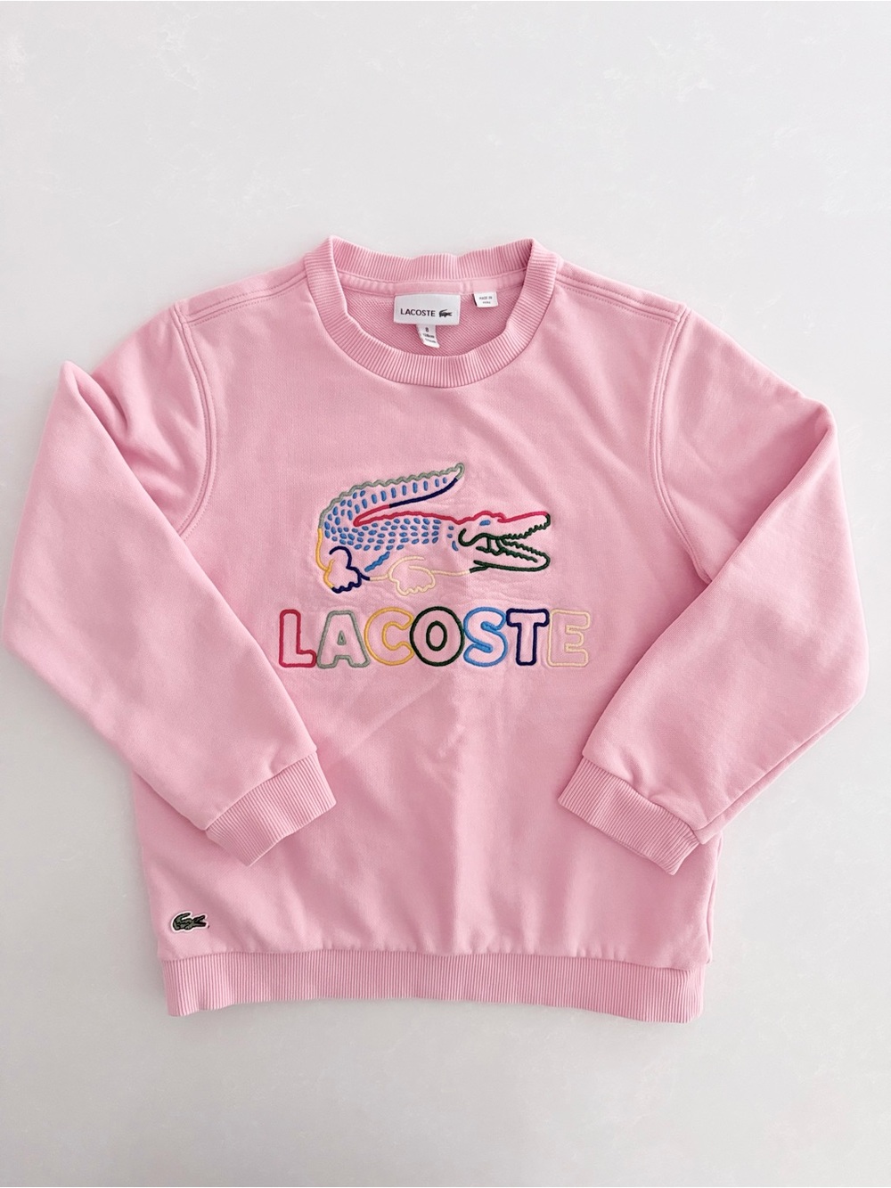 Lacoste Kids Rainbow Logo Cotton Crewneck Sweatshirt Pink • Size 8